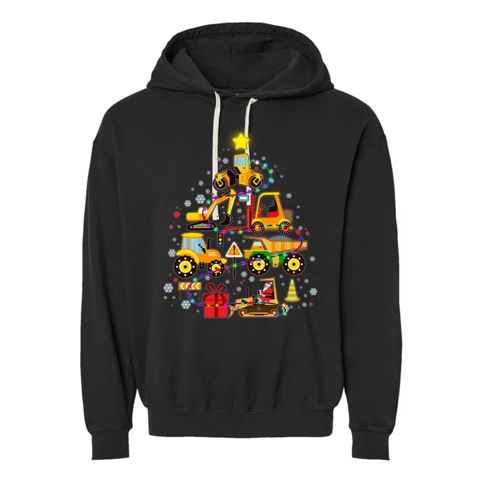 Funny Christmas Construction Vehicles Tree Garment-Dyed Fleece Hoodie