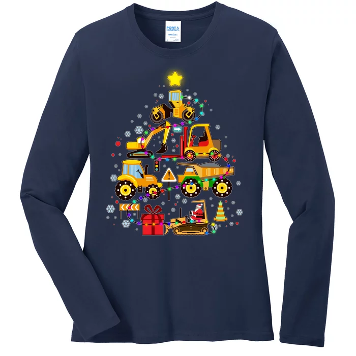 Funny Christmas Construction Vehicles Tree Ladies Long Sleeve Shirt