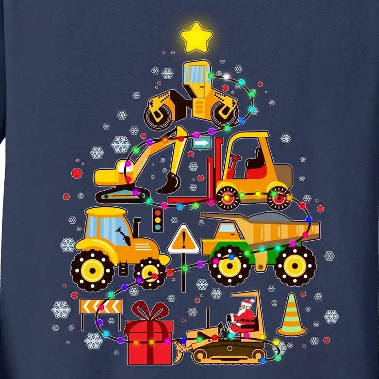 Funny Christmas Construction Vehicles Tree Kids Long Sleeve Shirt