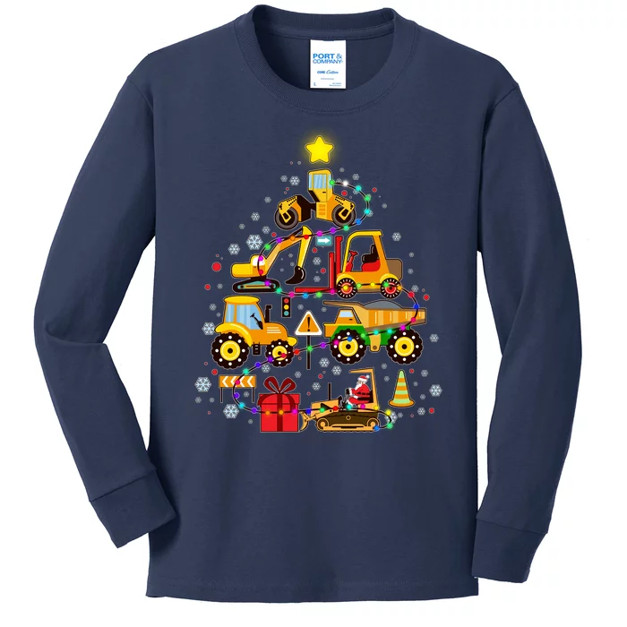 Funny Christmas Construction Vehicles Tree Kids Long Sleeve Shirt