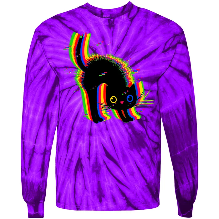 Funny Cute Colorful Glitch Cat Tie-Dye Long Sleeve Shirt