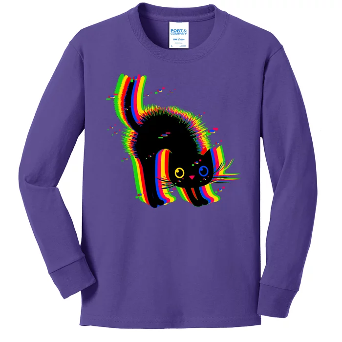 Funny Cute Colorful Glitch Cat Kids Long Sleeve Shirt