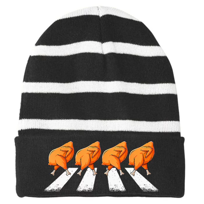 fun chicken Crossing Road Crosswalk Turkey Day Striped Beanie with Solid Band