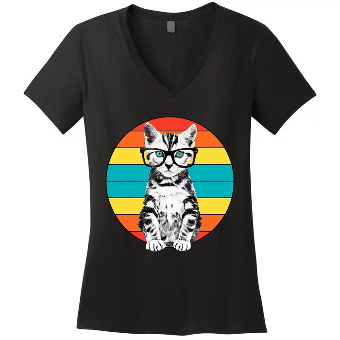 Funny Cute Cat With Glasses Vintage Cat Women's V-Neck T-Shirt