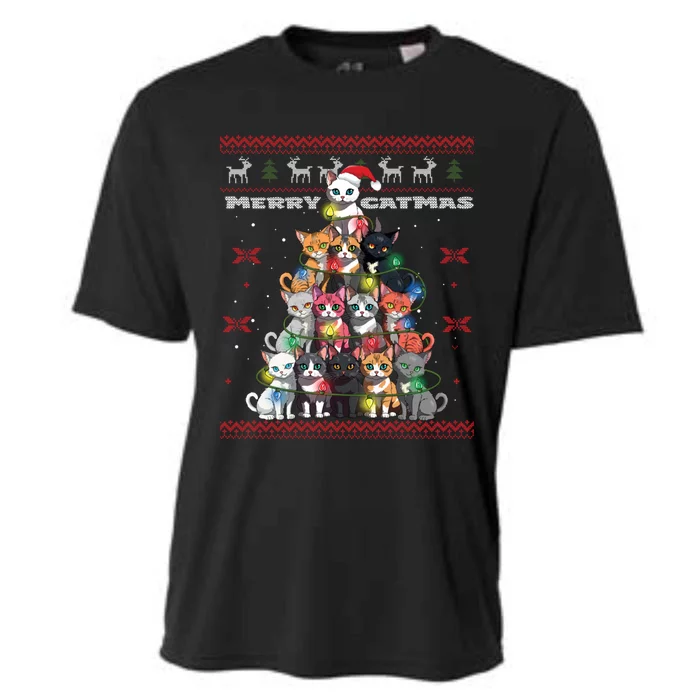 Funny Cat Christmas Tree Lights Xmas For Dads Moms Gift Cooling Performance Crew T-Shirt