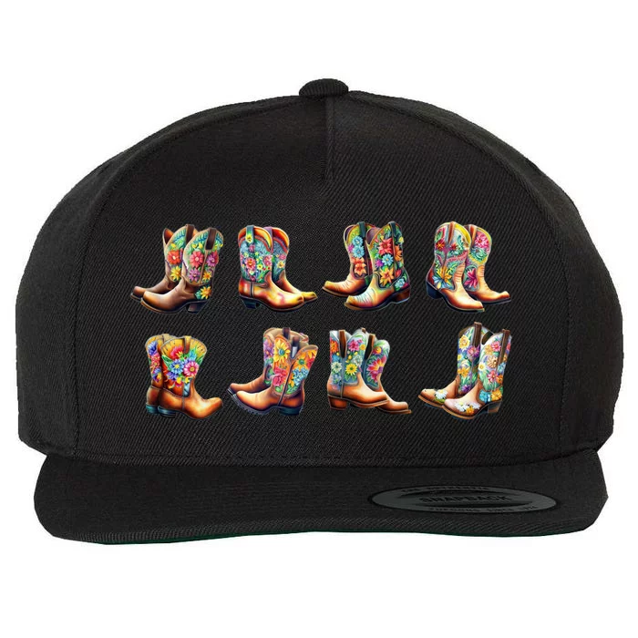 Floral Cowboy Cowgirl Boots Wool Snapback Cap