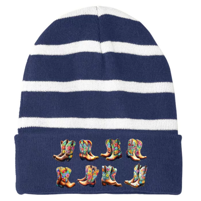 Floral Cowboy Cowgirl Boots Striped Beanie with Solid Band