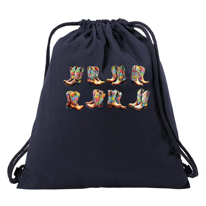 Floral Cowboy Cowgirl Boots Drawstring Bag