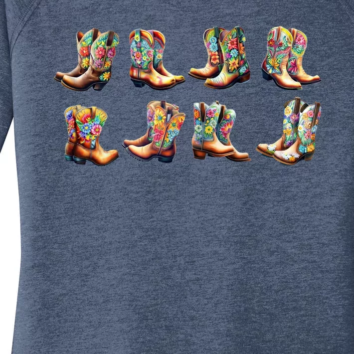 Floral Cowboy Cowgirl Boots Women's Perfect Tri Tunic Long Sleeve Shirt