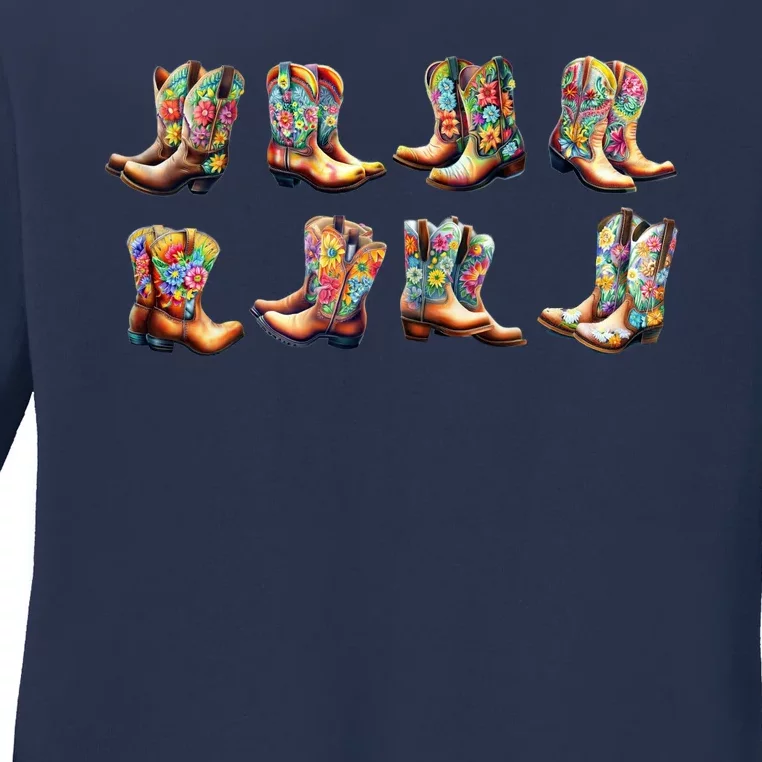 Floral Cowboy Cowgirl Boots Ladies Long Sleeve Shirt