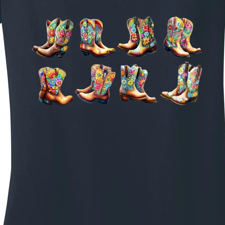 Floral Cowboy Cowgirl Boots Women's V-Neck T-Shirt