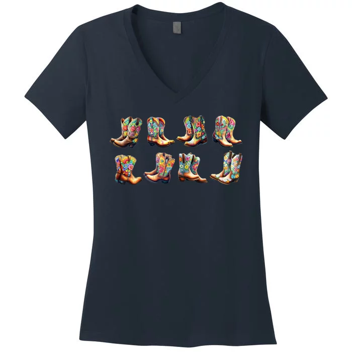 Floral Cowboy Cowgirl Boots Women's V-Neck T-Shirt