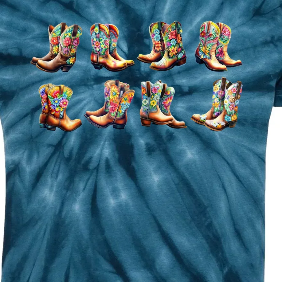 Floral Cowboy Cowgirl Boots Kids Tie-Dye T-Shirt