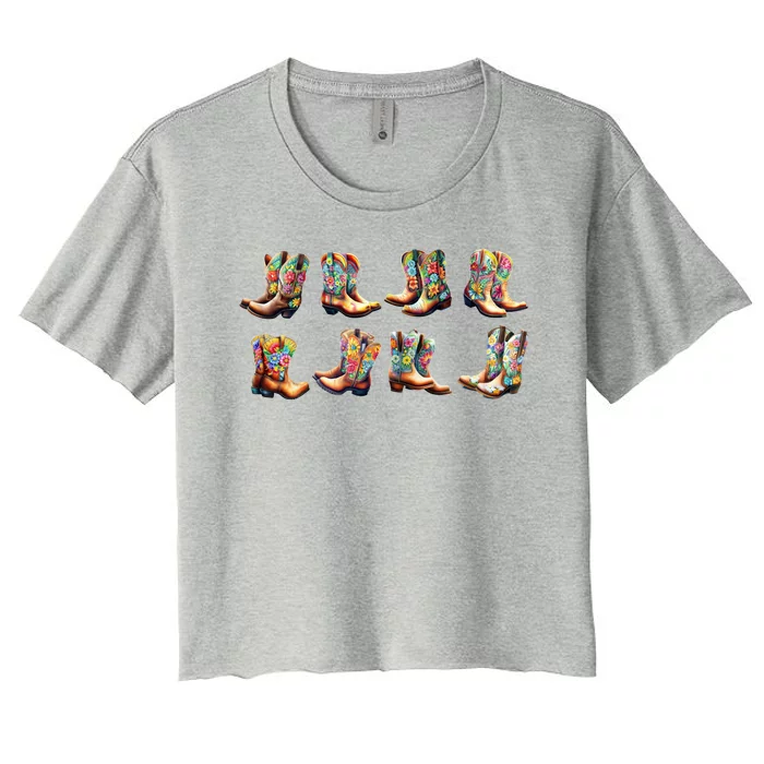 Floral Cowboy Cowgirl Boots Women's Crop Top Tee