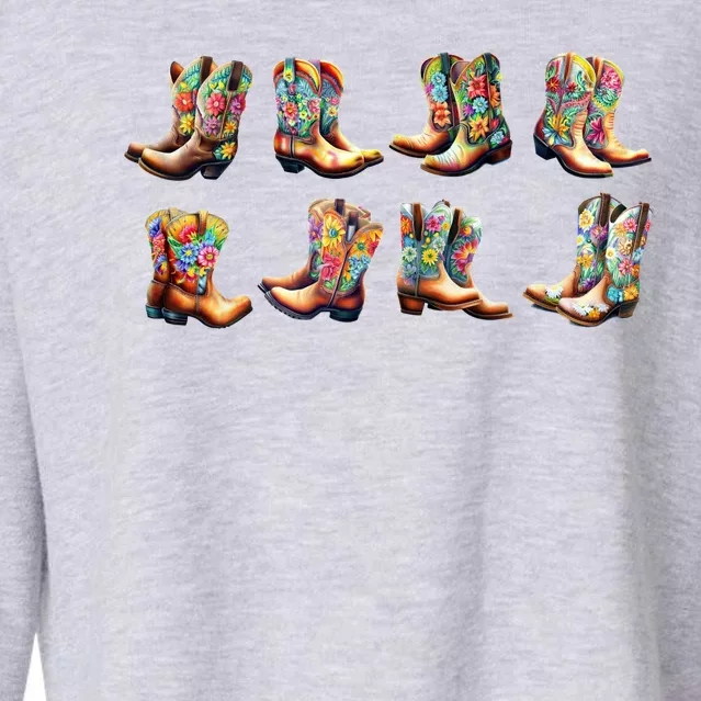 Floral Cowboy Cowgirl Boots Cropped Pullover Crew