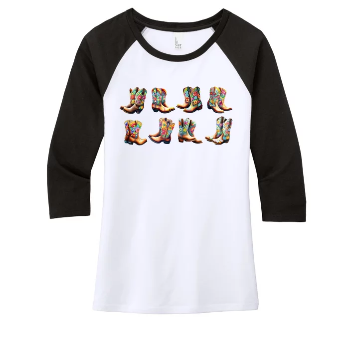 Floral Cowboy Cowgirl Boots Women's Tri-Blend 3/4-Sleeve Raglan Shirt