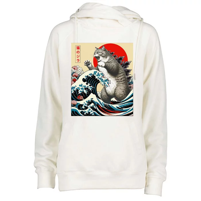 Funny Catzilla Cat Japanese Art Funny Cat Gifts For Women Womens Funnel Neck Pullover Hood