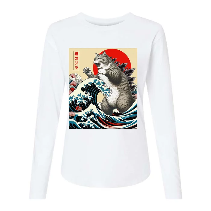 Funny Catzilla Cat Japanese Art Funny Cat Gifts For Women Womens Cotton Relaxed Long Sleeve T-Shirt