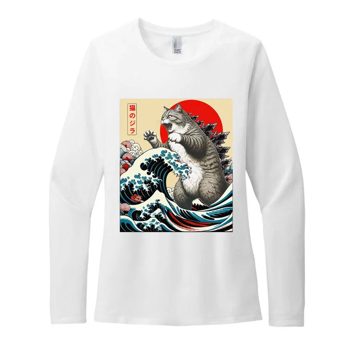 Funny Catzilla Cat Japanese Art Cat Gifts Womens CVC Long Sleeve Shirt