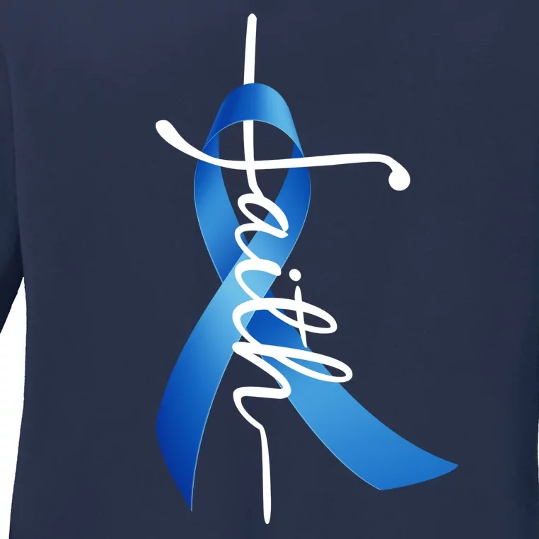 Faith Colon Cancer Cross Ribbon Ladies Long Sleeve Shirt