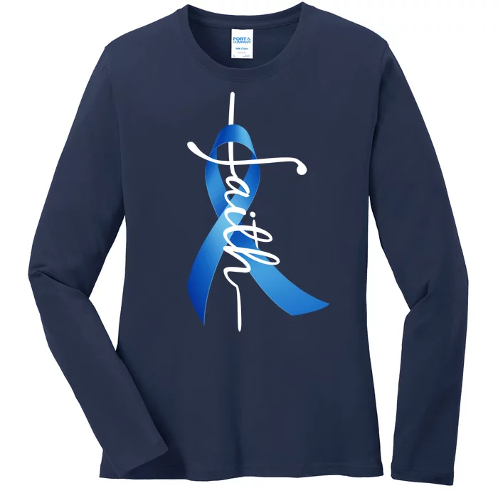 Faith Colon Cancer Cross Ribbon Ladies Long Sleeve Shirt