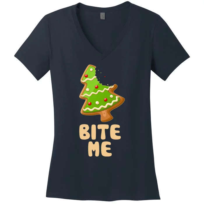 Funny Christmas Cookie Bite Me Women's V-Neck T-Shirt