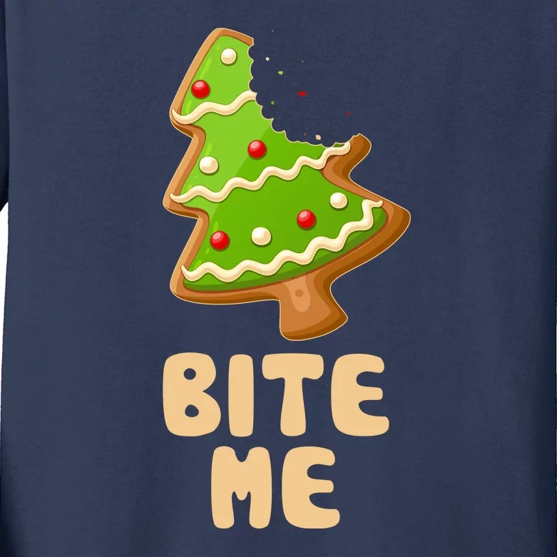 Funny Christmas Cookie Bite Me Kids Long Sleeve Shirt