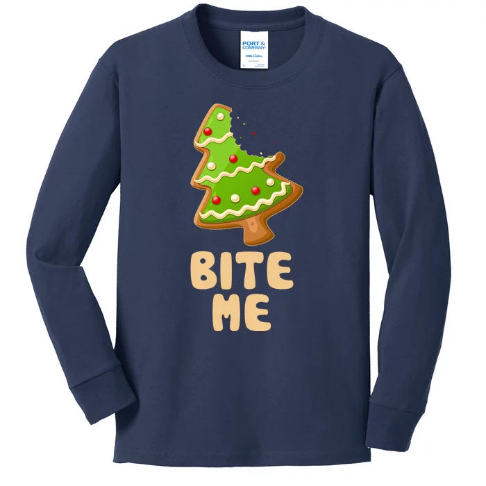 Funny Christmas Cookie Bite Me Kids Long Sleeve Shirt