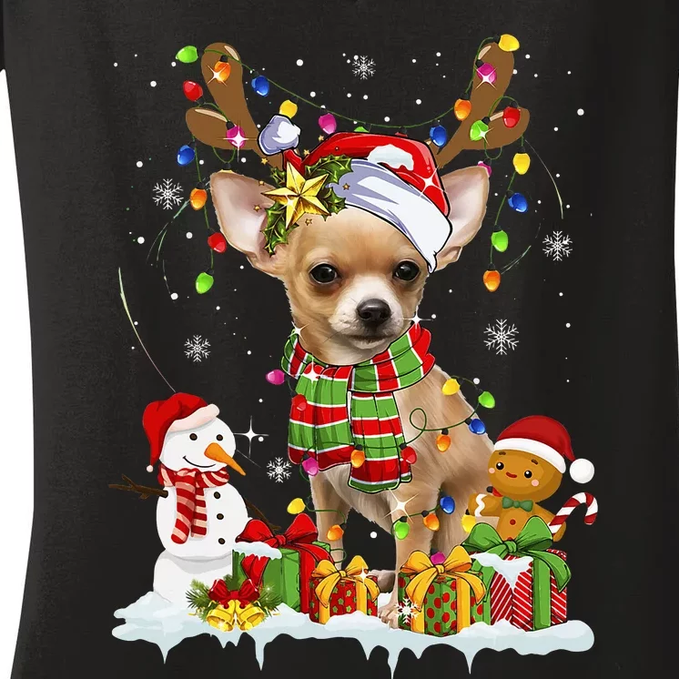 Funny Chihuahua Christmas Ugly Sweater Dog Santa Hat Lights Women's V-Neck T-Shirt