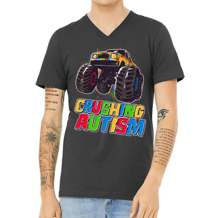 Funny Cool Crushing Autism Puzzle Piece Monster Truck V-Neck T-Shirt