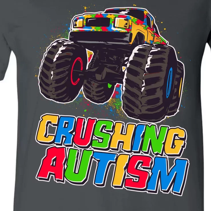 Funny Cool Crushing Autism Puzzle Piece Monster Truck V-Neck T-Shirt