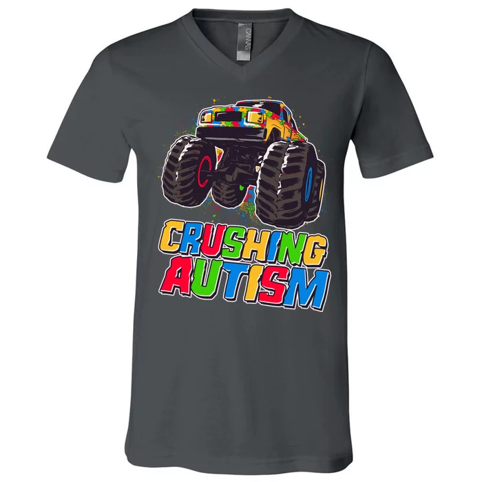 Funny Cool Crushing Autism Puzzle Piece Monster Truck V-Neck T-Shirt