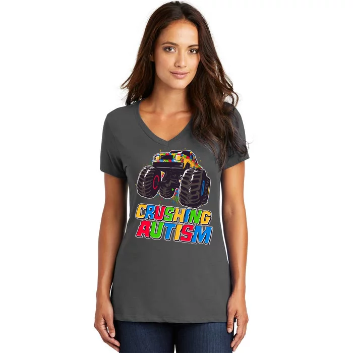 Funny Cool Crushing Autism Puzzle Piece Monster Truck Women's V-Neck T-Shirt