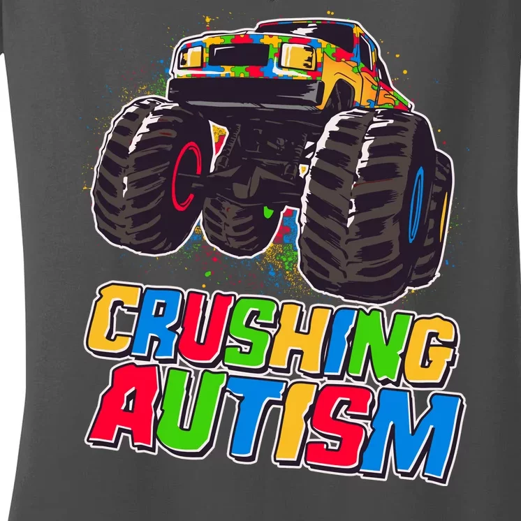 Funny Cool Crushing Autism Puzzle Piece Monster Truck Women's V-Neck T-Shirt