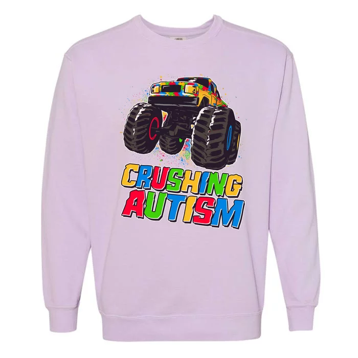 Funny Cool Crushing Autism Puzzle Piece Monster Truck Garment-Dyed Sweatshirt