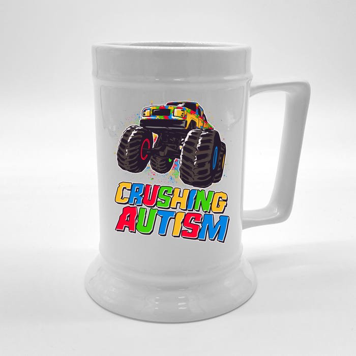 Funny Cool Crushing Autism Puzzle Piece Monster Truck Front & Back Beer Stein