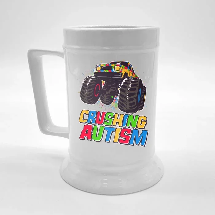 Funny Cool Crushing Autism Puzzle Piece Monster Truck Front & Back Beer Stein