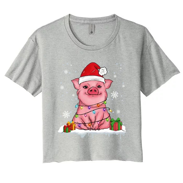 Funny Christmas Cute Santa Pig Light In Snow Lovers Pajamas Great Gift Women's Crop Top Tee