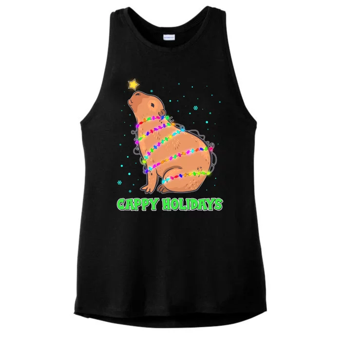 Funny Cute Christmas Cappy Holidays Capybara Ladies Tri-Blend Wicking Tank