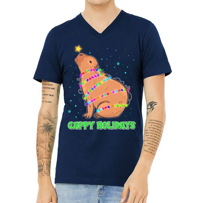 Funny Cute Christmas Cappy Holidays Capybara V-Neck T-Shirt