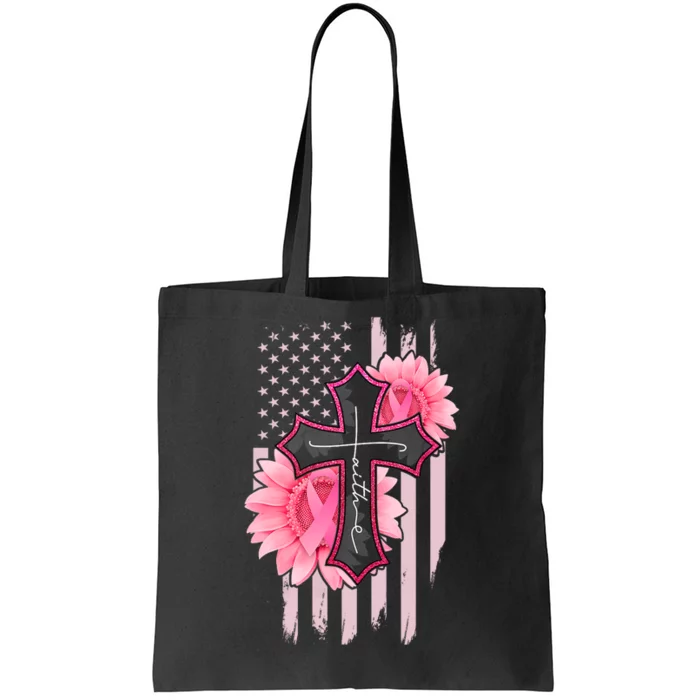 Faith Christian Cross Flower Breast Cancer Awareness Tote Bag