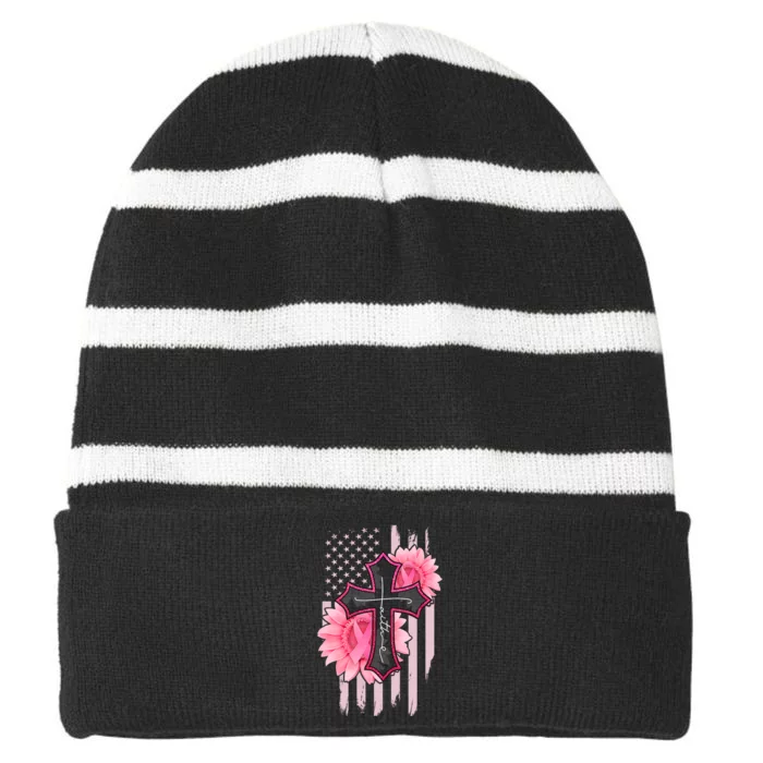 Faith Christian Cross Flower Breast Cancer Awareness Striped Beanie with Solid Band