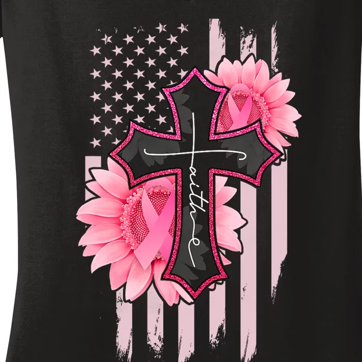 Faith Christian Cross Flower Breast Cancer Awareness Women's V-Neck T-Shirt