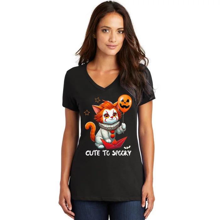 Funny Clown Cute To Spooky Cat Halloween Women's V-Neck T-Shirt