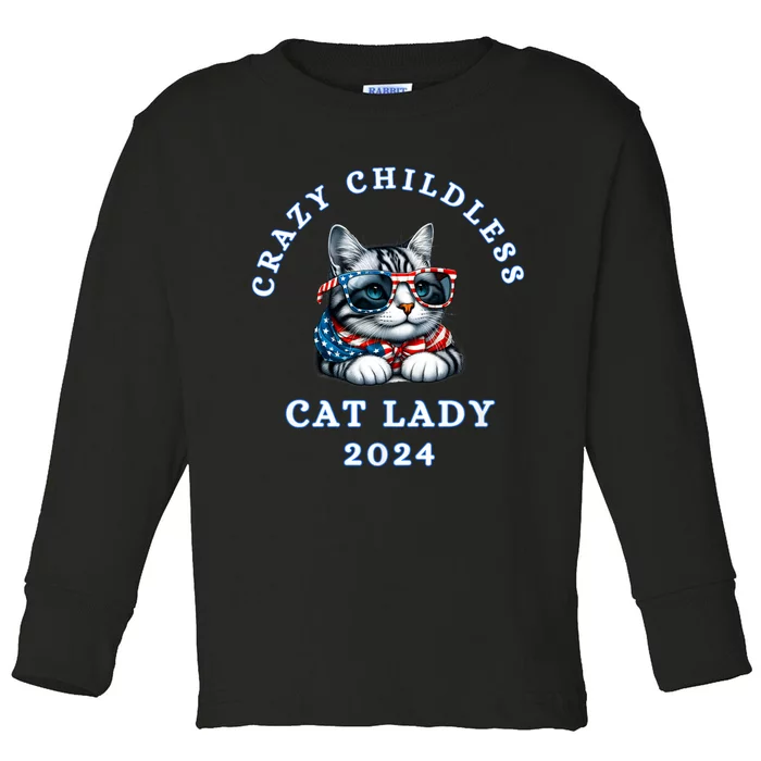 Funny Childless Crazy Cat Lady 2024 Crazy Cat Lady Toddler Long Sleeve Shirt