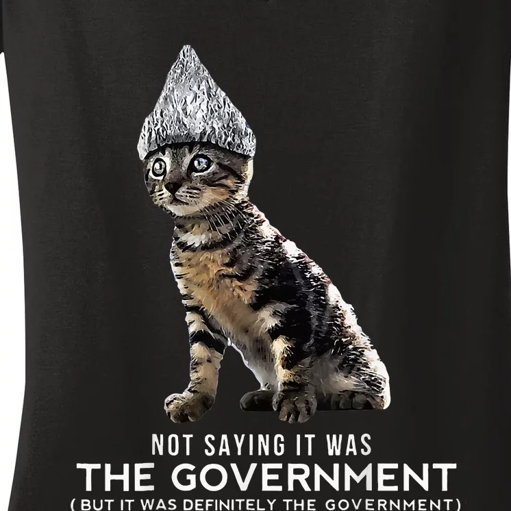 Funny Conspiracy Cat Tin Foil Hat Government Women's V-Neck T-Shirt