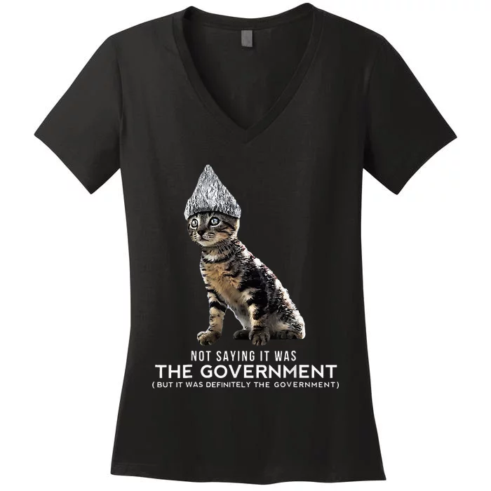 Funny Conspiracy Cat Tin Foil Hat Government Women's V-Neck T-Shirt