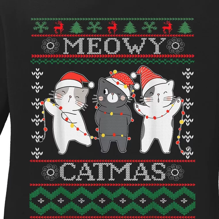 Funny Christmas Cat Matching Family Pajamas Meowy Catmas Ladies Long Sleeve Shirt