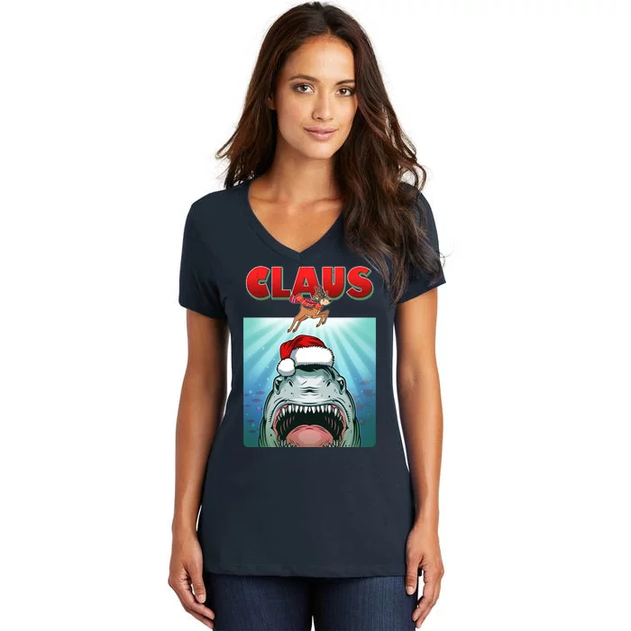 Funny Christmas Claus Shark Reindeer Women's V-Neck T-Shirt