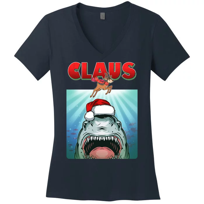 Funny Christmas Claus Shark Reindeer Women's V-Neck T-Shirt